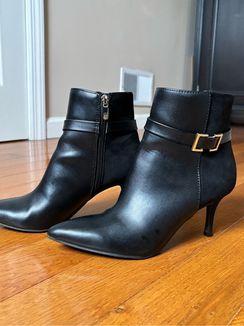 Nine West Black Leather Pointed Ankle Booties with silver Buckle
